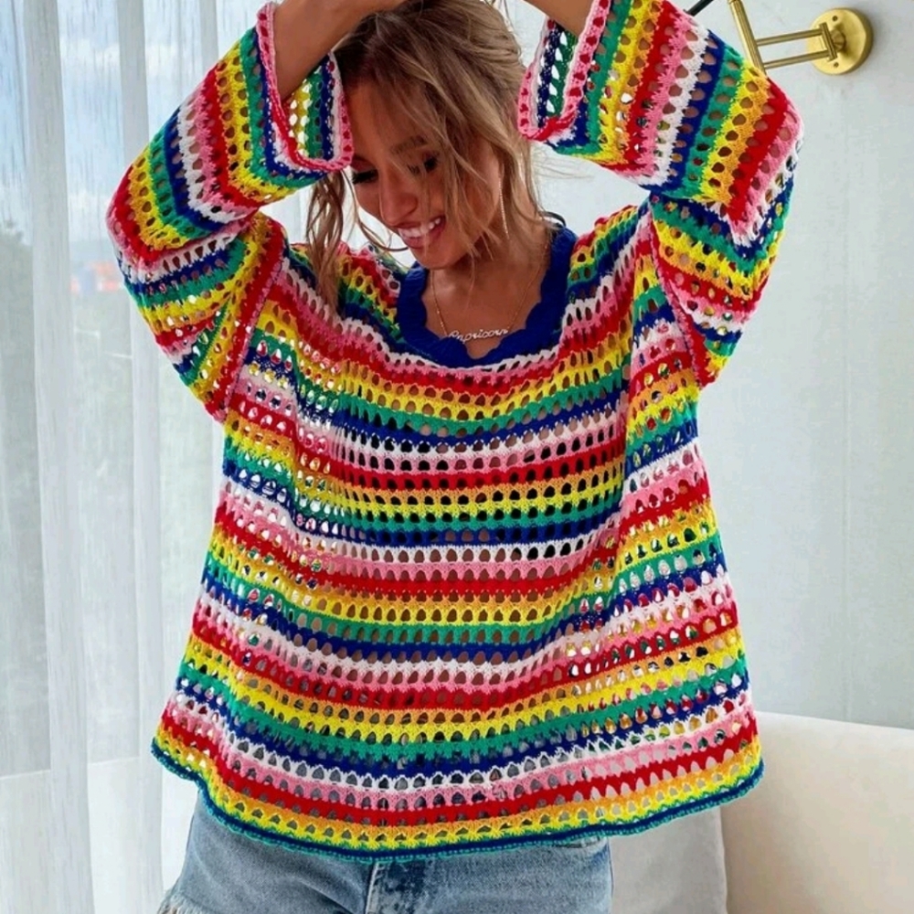 Open Knit Rainbow Stripe Sweater - Picture 3 of 8